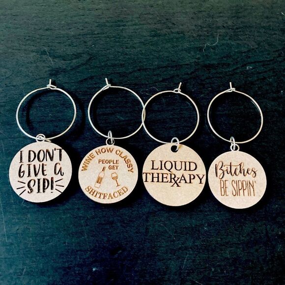 Funny 4-pc Wood Wine Glass Charms Set - Picture 1 of 2
